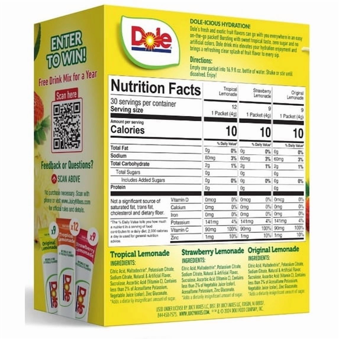(3 pack) Dole Lemonade Variety Powder Mix, Tropical, Classic, & Strawberry, 30 Pack