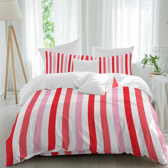 Red Pink Ombre Stripes Duvet Cover Set King Size, Minimalist Abstract Vertical Striped 4 Piece Soft Microfiber Bedding Set with 1 Duvet Cover, 1 Flat Sheet, 2 Pillowcases