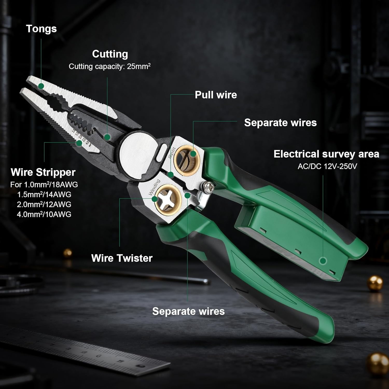 8-in-1 Wire Stripper with Voltage Tester, Heavy Duty Cable Cutting Pliers for 10-18 AWG Wires, Multi-Function Electrical Tool for Wire Pulling and Twisting