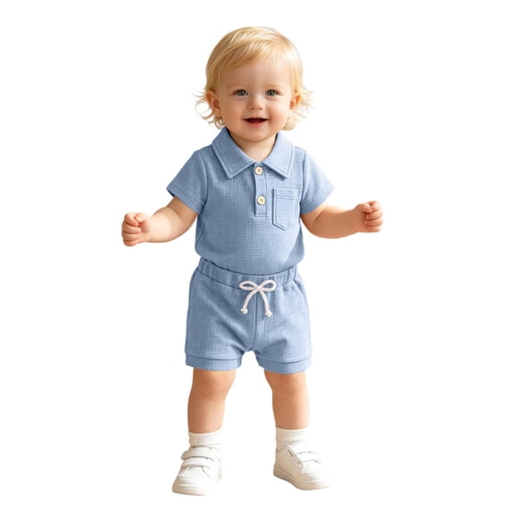 Boys Outfits Solid Print Lapel Short Sleeve Pocket Romper And Shorts 2 Piece Daily Wear Baby Boys' Clothing Sets Size 6-12 Months
