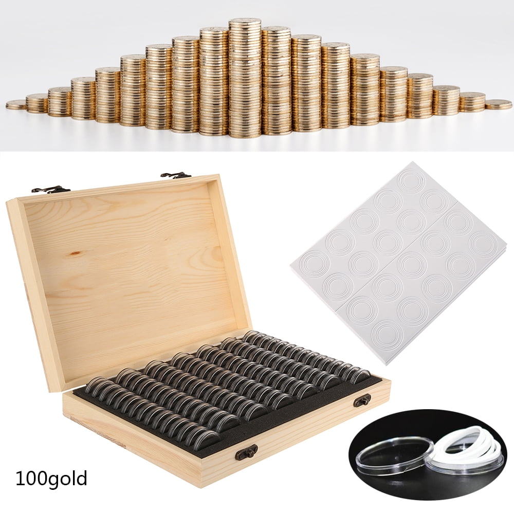 MTFun 100 Pcs Wooden Coins Storage Box Round Coin Capsules Acrylic Plastic Commemorative Coin Holder Coin Display Case Organizer Protection Container for Collectors