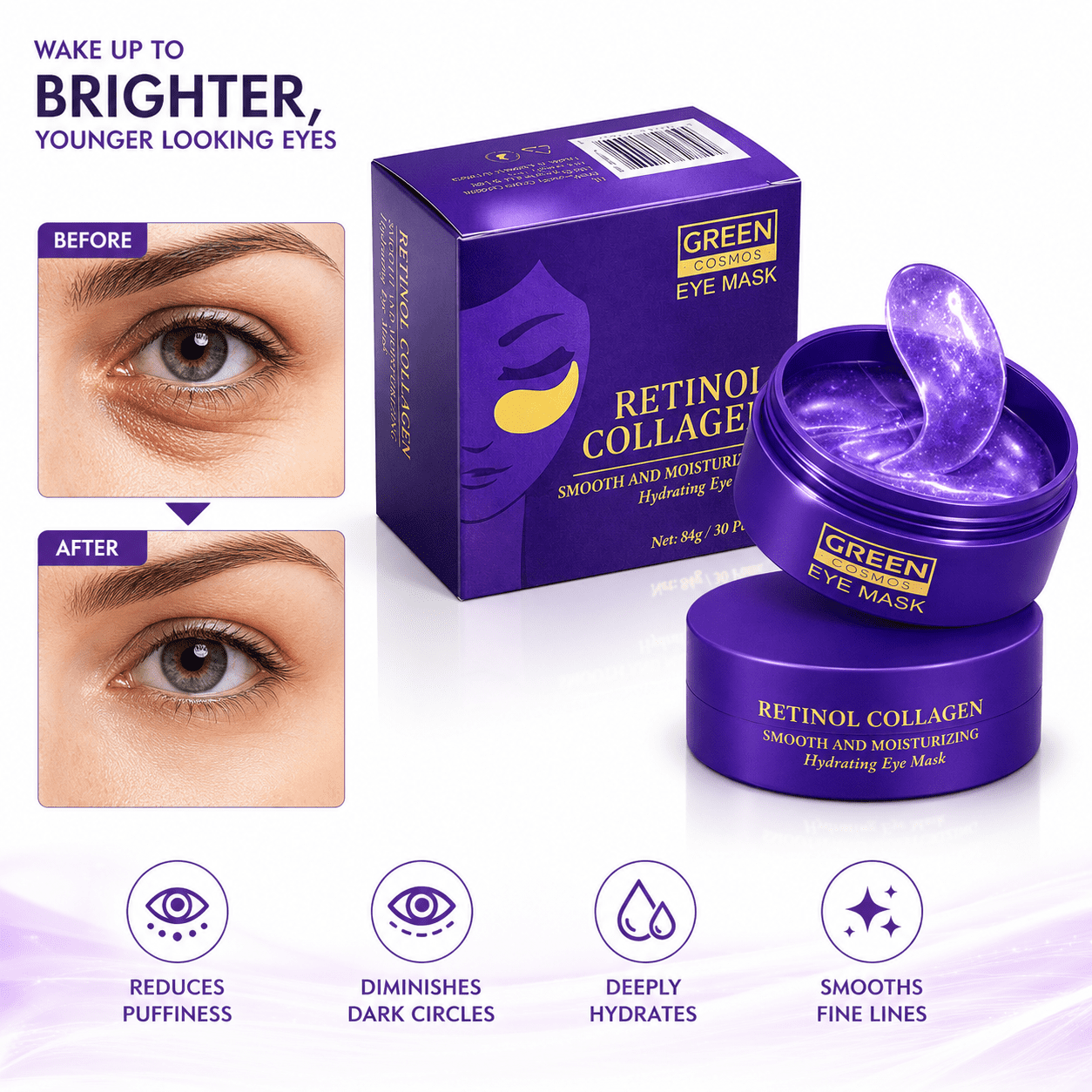 Retinol Collagen Under Eye Patches - Hydrogel Eye Pads (60 patches) with 95% Retinol & 5 Micro Collagen. Nourishing & Non Irritating Eye Gel Mask. Sealing Cap & Spatula Included.