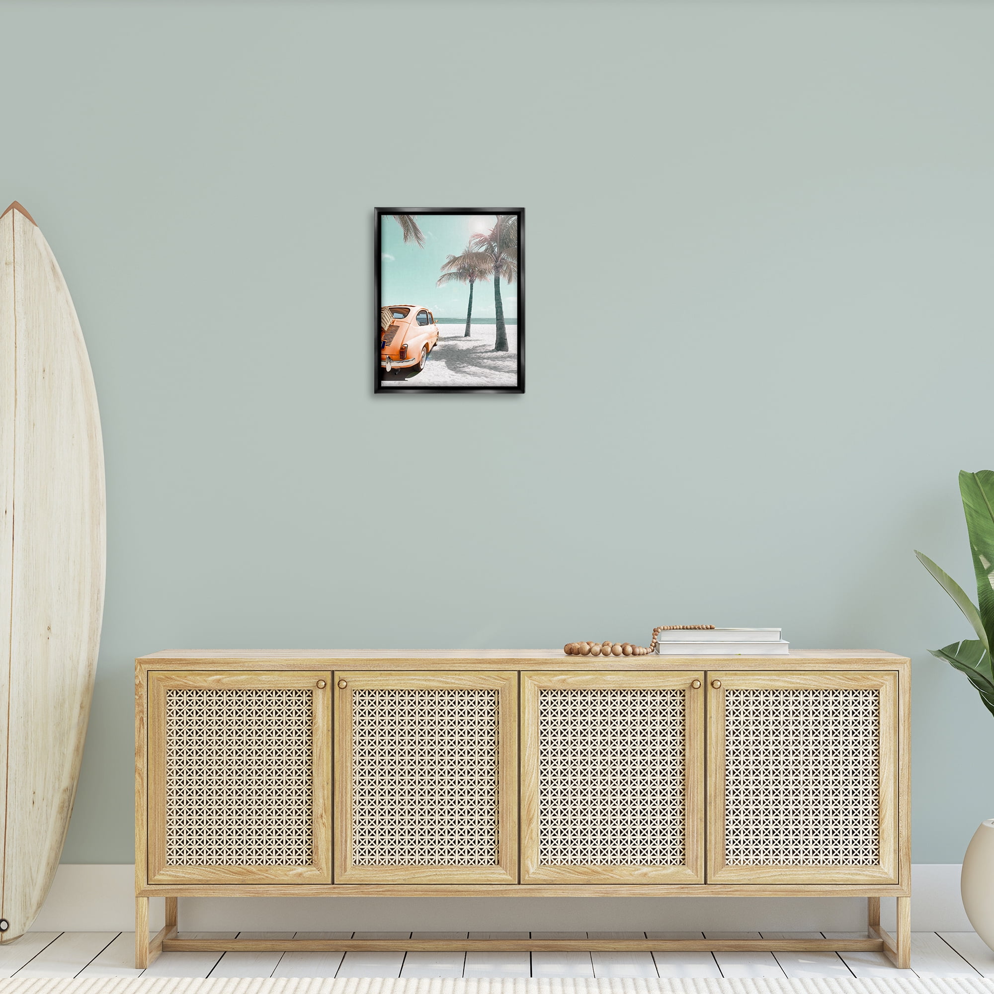 Stupell Industries Orange Car on Beach Coastal Painting Black Floater Framed Canvas Art Print Wall Art, 17 x 21