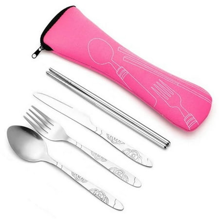 

4Pcs Set Dinnerware Portable Printed Knife Fork Spoon Chopsticks Stainless Steel Family Camping Steak Cutlery Tableware with Bag