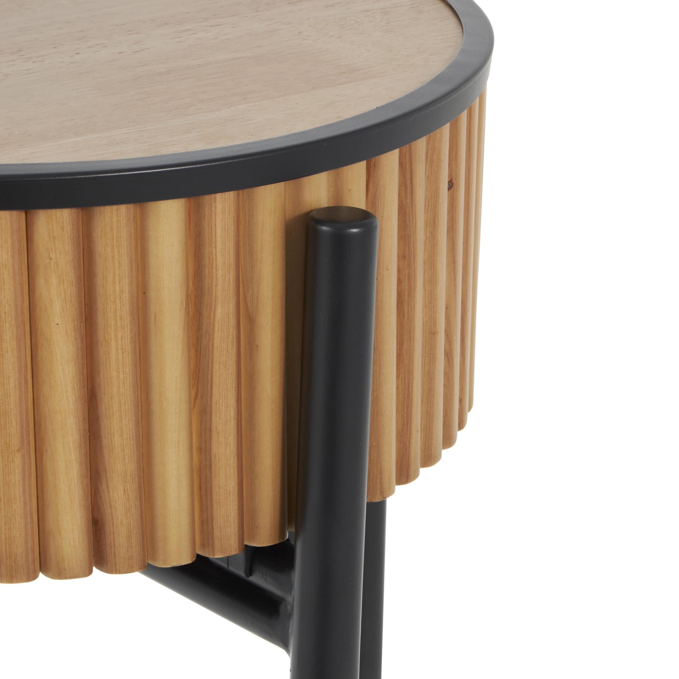 DecMode 18" x 27" Brown Wood Handmade Slatted Drum Accent Table with Black Metal Legs, 1-Piece