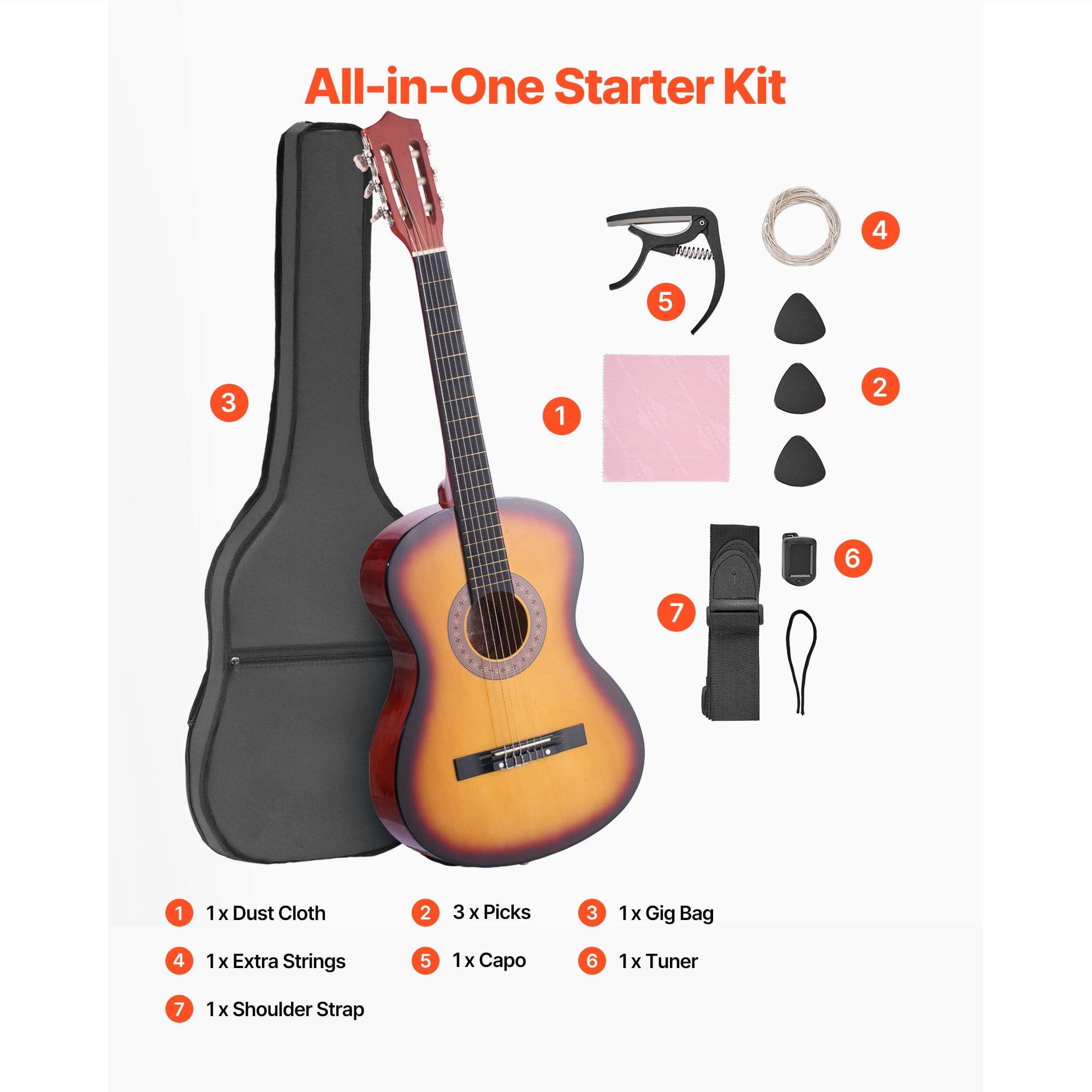 KFFKFF 38-Inch Classical Guitar Starter Set, Wooden Acoustic Guitar with Nylon Strings, Gig Bag, Strap, Tuner, Extra Strings, Picks, and Capo, Ideal for Beginners, Teens, Adults, and Students