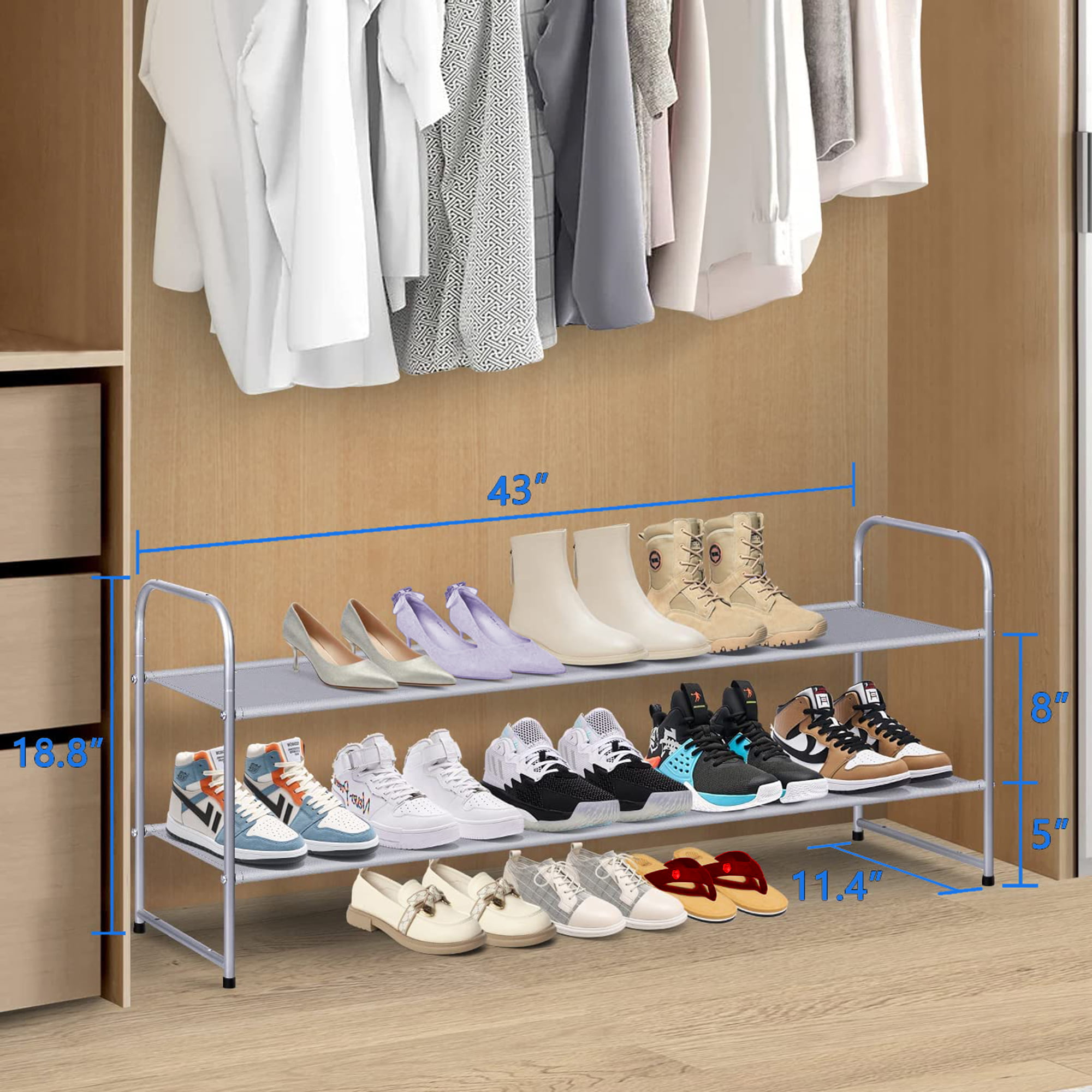 Coonoor 2-Tier Long Shoe Rack Storage for Wide Shoe Shelf Organizer ,Silver