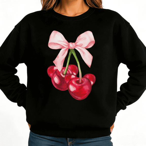 Watercolor Cherry Pink Bow Womans Print Sweatshirt Graphic Sweatshirt Black White S-3XL Fruit Casual Tops