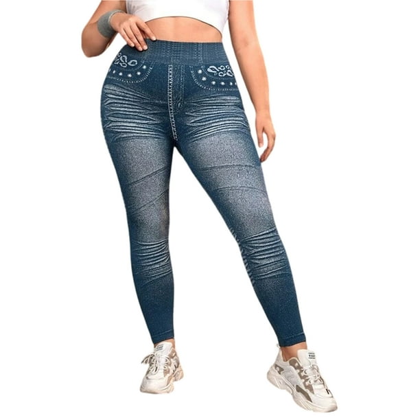 Bellella Women Plus Size Leggings Tummy Control Oversized Faux Denim Pant  Floral Print Fake Jeans Soft High Waist Pencil Pants Yoga Jeggings Blue 5XL  