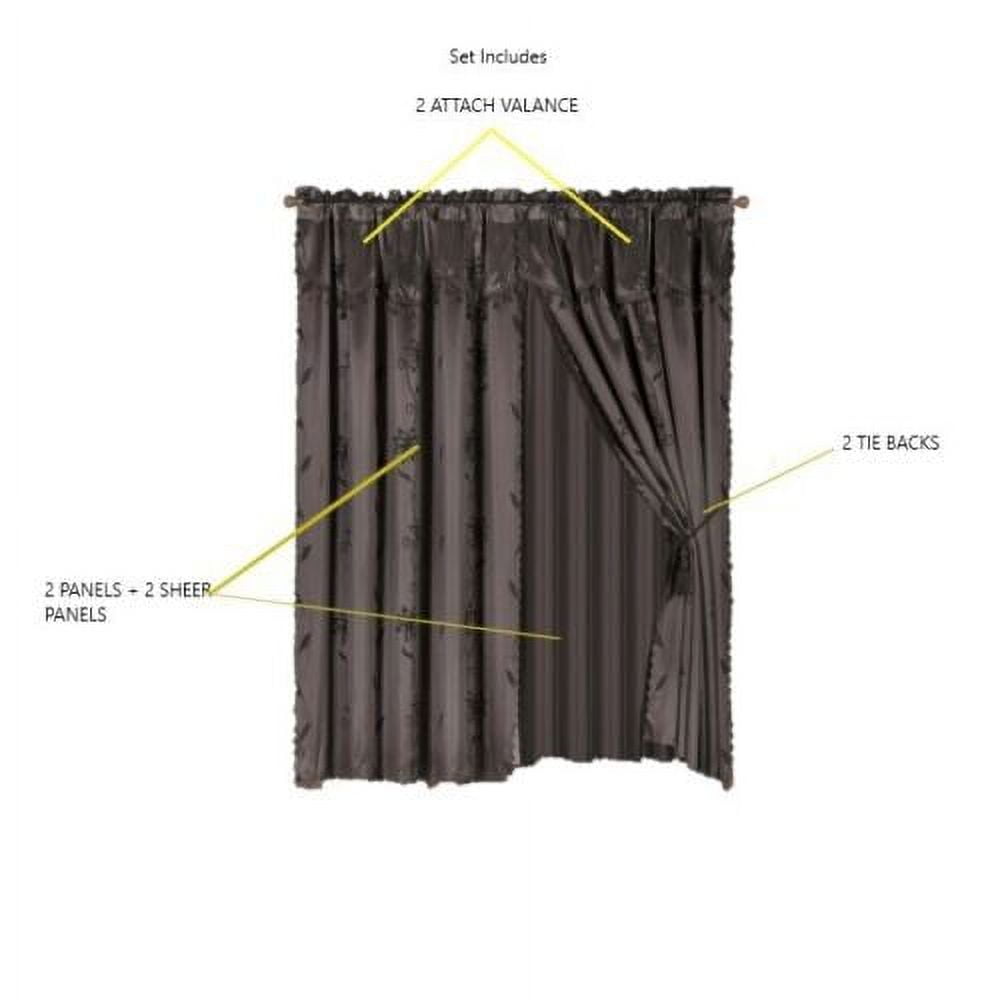 Nada 8-Piece Solid Brown Elegant Rod Pocket Window Curtain Panel Floral Printed Treatment Drape with Matching tieback Set in 84"