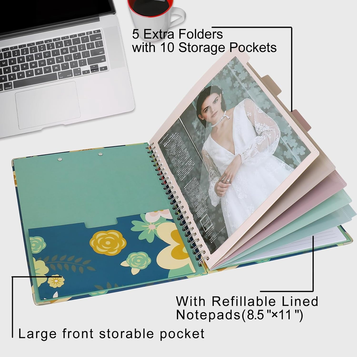 Clipboard Folio Spiral Folder Board 5 Extra Folders with 10 Storage Pockets Refillable Lined Fillable Notepad Folded Storage Suitable for Office School and Student (Blue Flowers)