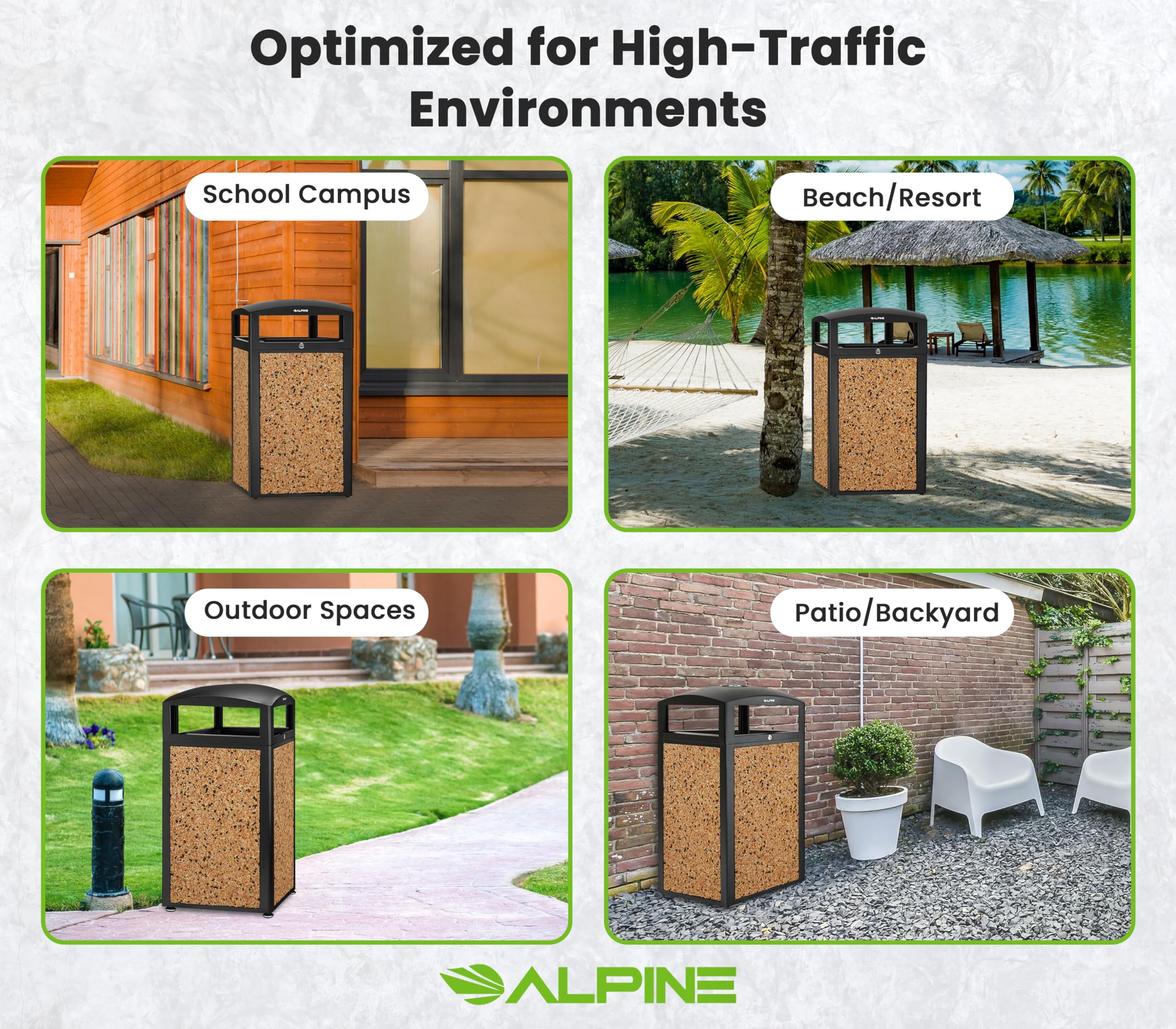 Alpine Outdoor Commercial Trash Can with Lid - 40 Gallon Heavy Duty Metal Garbage Can with Removable Bin, Locking Lid, Perfect for Park, Mall (Black, Brown Stone Panels with Tray)