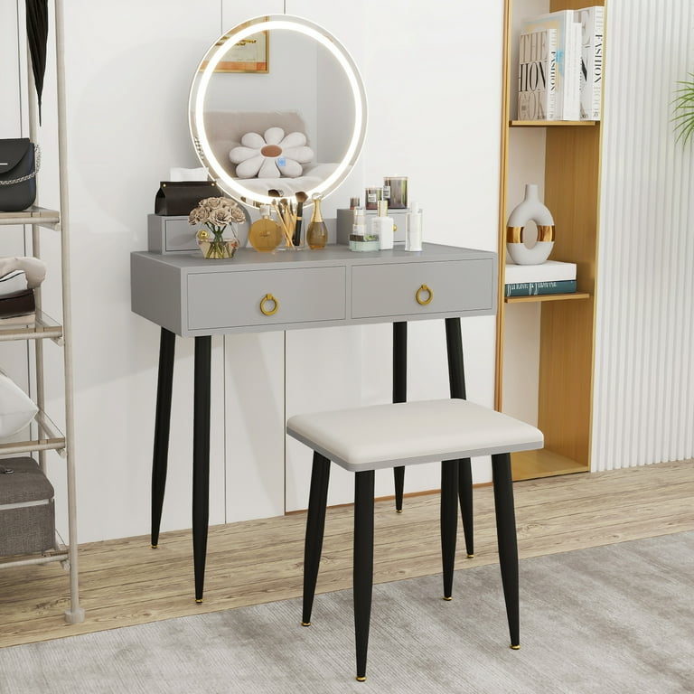 Costway Vanity Makeup Dressing Table Stool Set 3-Color Lighted Mirror with Drawers Gray