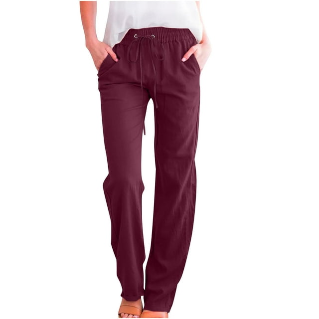 Wide Leg Pnats for Women Plus Size Casual Solid Color Comfy Mid Rise Pants for Women Fashion Loose Fit Daily Drawstring Linen And Cotton Lightweight Party Vacation Beach Pants(Wine,XL)