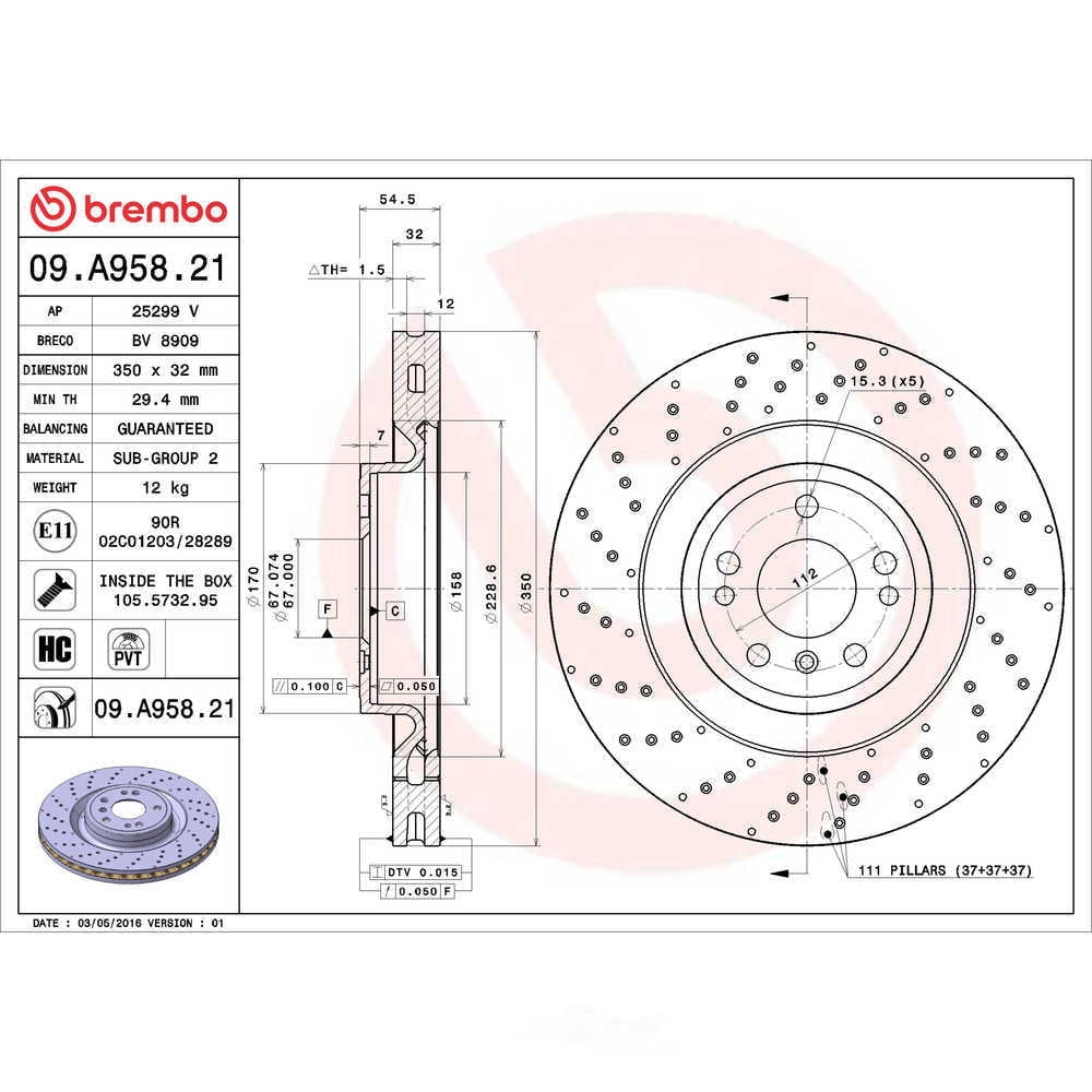 Brembo 09.A958.21 BRAKE ROTORS Fits select: 2013-2015 MERCEDES-BENZ ML 350 4MATIC, 2017 MERCEDES-BENZ GLE 350 4MATIC