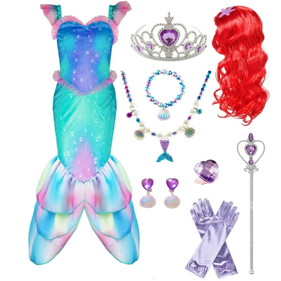 Girls Princess Costume, Mermaid 10 Pcs Dress Up Outfit for Little Kids Party Birthday 3-4 Years
