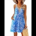 thumbnail image 1 of Vestidos de Verano para Mujer, de Playa, con Encaje, Escote en V, Informales, Estampado Tropical, Sin Mangas, Cortos. Azul XXL, 1 of 7