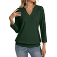thumbnail image 3 of Womens 3/4 Sleeve Shirts Banded Bottom V Neck Summer Tops Loose Fit Casual Dressy Basic Tees Dark Green L, 3 of 6