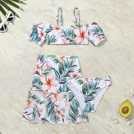 SILVERCELL Girl s 3 Piece Swimsuits Tropical Print Bikini Bathing Suit with Cover Up Beach Skirt 7-12 Years