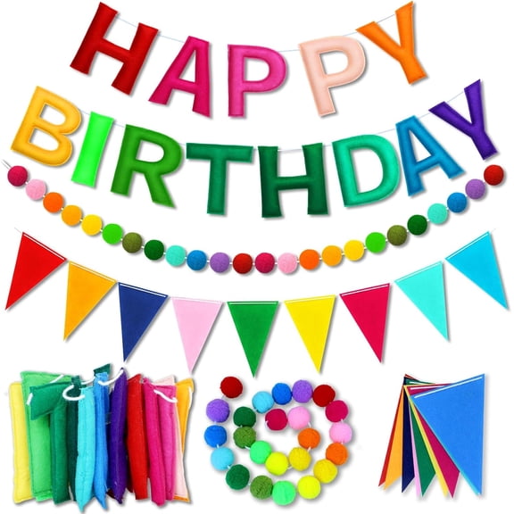 Happy Birthday Banner Decorations, 3D Felt HAPPY BIRTHDAY Sign for Party Decor, Rainbow Reusable Happy Birthday Garland, Ball, Pennant Flag