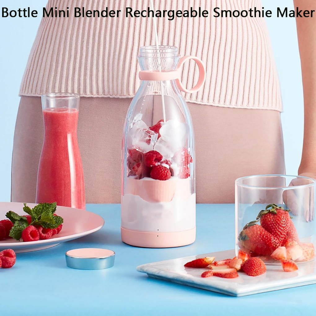 Portable Blender for fresh juices and Smoothies 350ML, Bottle Mini Blender Rechargeable Smoothie Maker with Wireless Charging and Travel Lid, USB Rechargeable Mini Smoothie Maker Pink