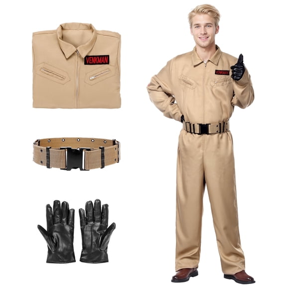 Forfamy Ghost Hunter Costume for  Adults Halloween Costume Outfit Cosplay Fancy Dress Jumpsuit, Beige