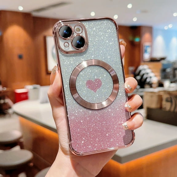 for iPhone 15 Plus Case Glitter, Clear Magnetic Cases with Luxury Love Heart Pattern [Compatible with MagSafe] Bling Sparkle Plating Soft TPU Slim Shockproof Gradient Cover Women Girls,Pink