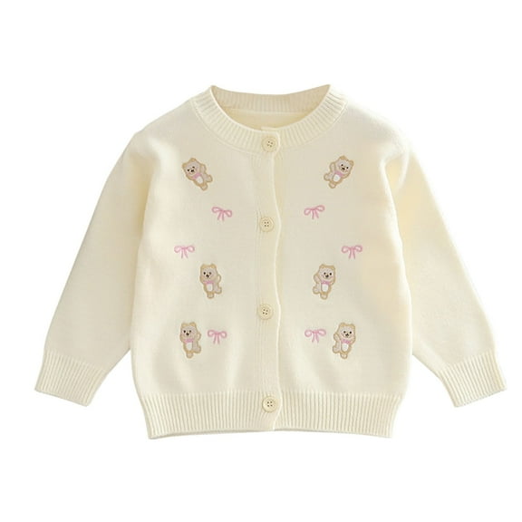 Girls Sweater Cardigans Toddlers Cute Bears Bowknots Printed Button Down Long Sleeve Knitted Jacket Outerwear (3 Years, White)