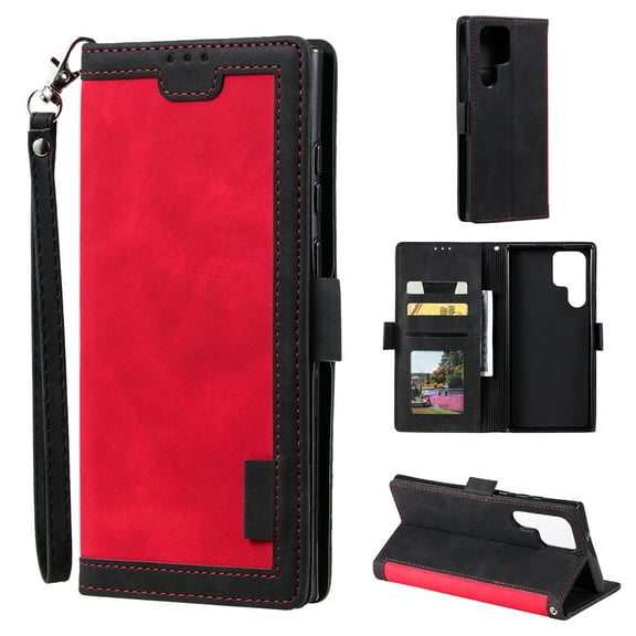 SaniMore for Samsung Galaxy S24 Ultra Case with Wristlet Strap PU Leather Shockproof TPU Shell Card Slots Cash Pocket Flip Kickstand Magnetic Closure Full Protective Business Wallet Cover, Red