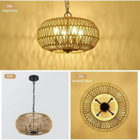 Hi-LIGHTS,15.7" Height Adjustable 4-Light Boho Chandelier Light Fixture,Farmhouse Rattan Pendant Lights for Living Room,Bedroom,Dining Room,Kitchen Island,Foyer(Brown)