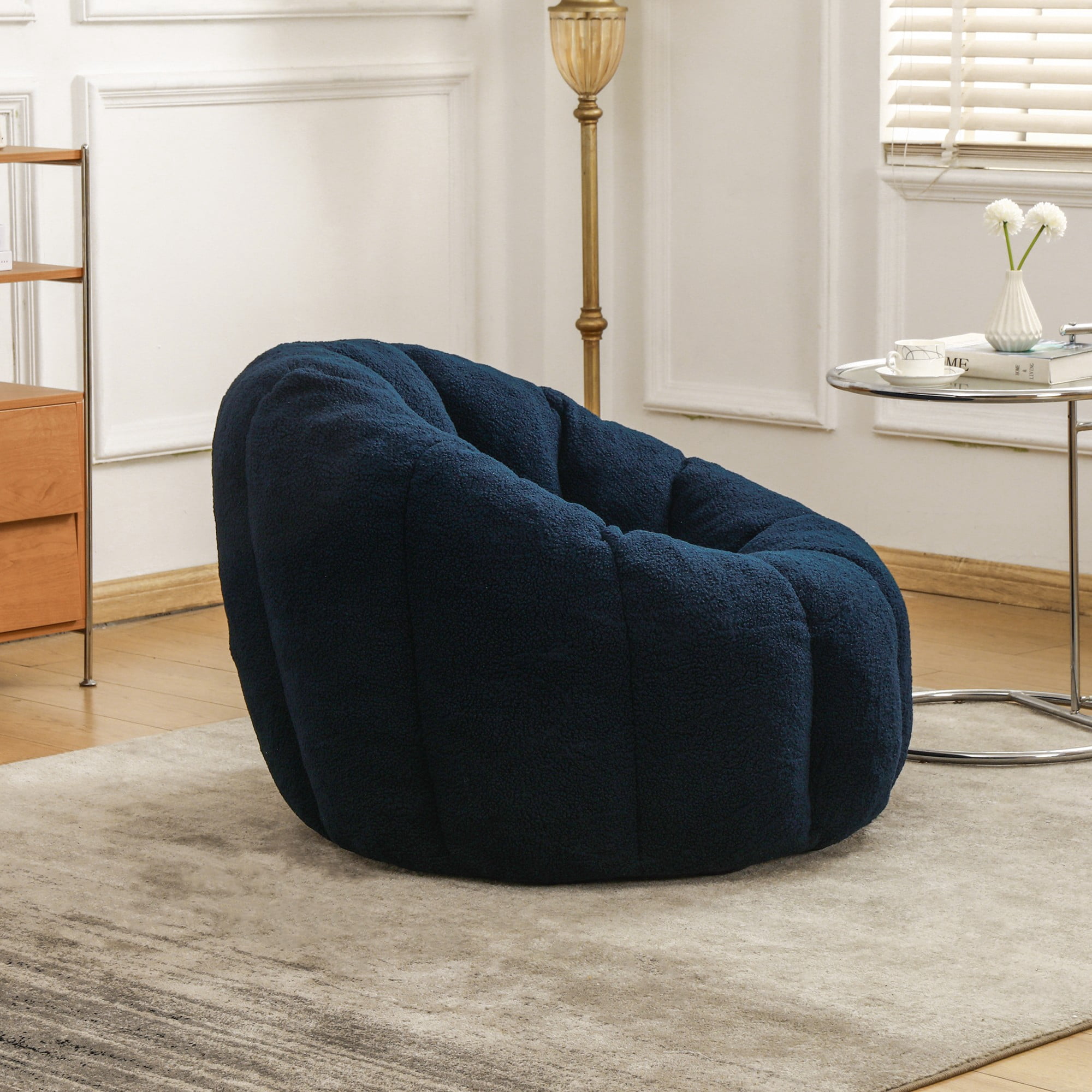 Bean Bag Chair for Adults, Faux Fur Memory Foam Bean Bag Sofa with Armrests, Fluffy Lazy Chair for Living Room Bedroom, Dark Blue