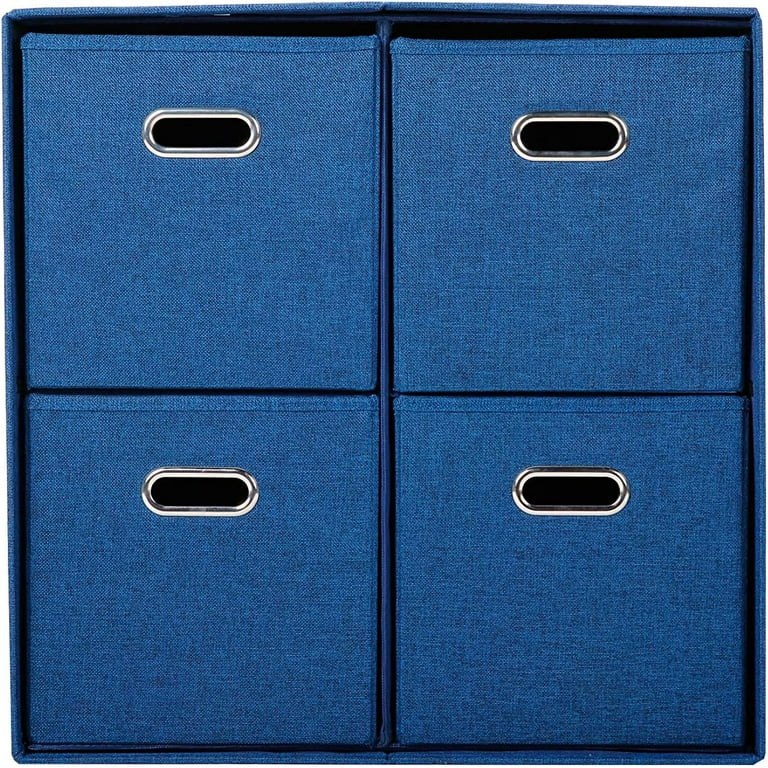 Rebrilliant Navy Linen Cube Organizer Shelf with 4 Storage Bins – Strong Durable Foldable Shelf – Kid Toy Clothes Towels Cubby – Collapsible Bedroom F