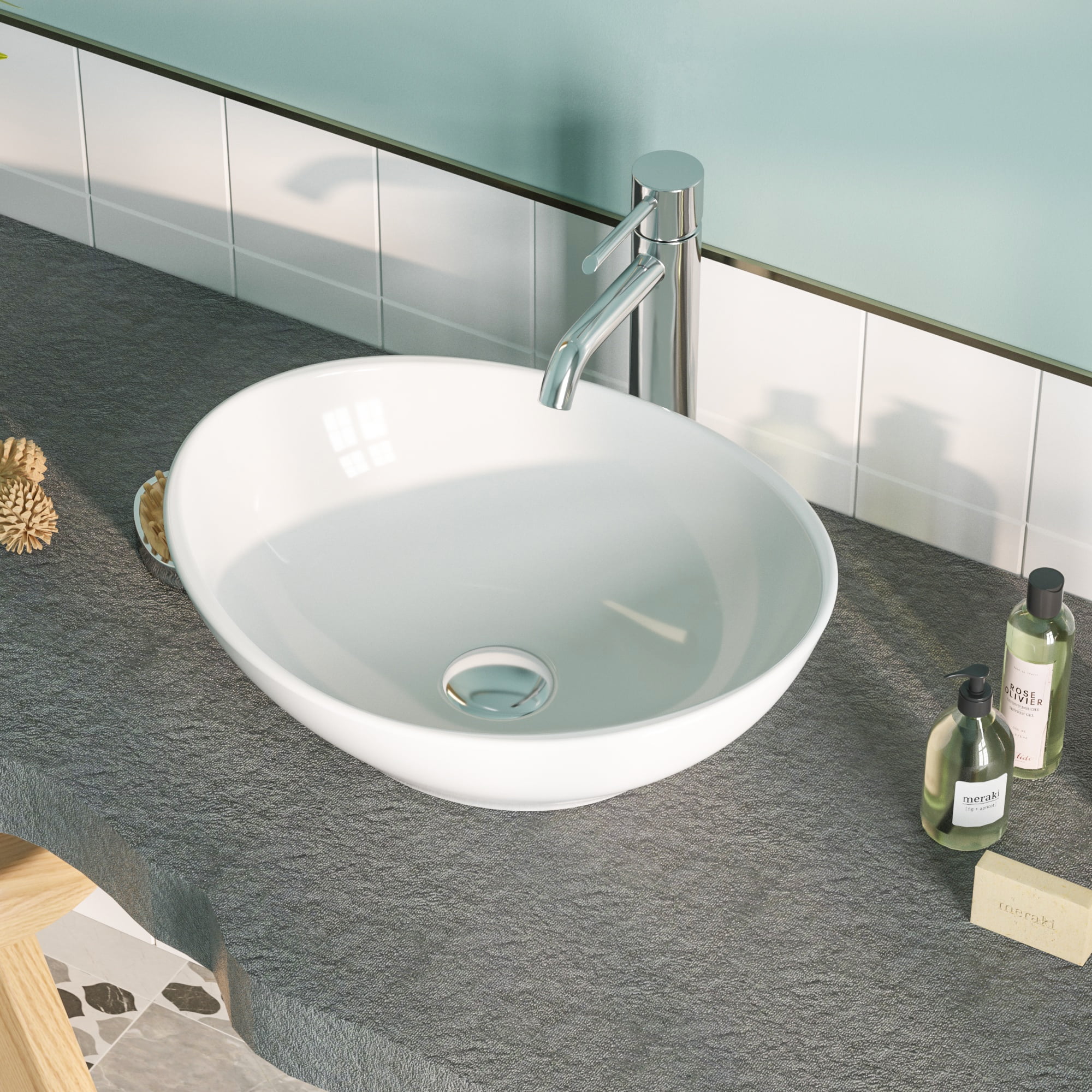 DeerValley DV-1V051 Vessel Sink Above Counter Bathroom Vanity Basin Bowl, High-gloss Oval Ceramic  in White