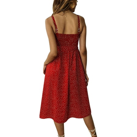 Prince Button Sash Casual Women Floral Strappy Button Waistband Sling Dress Summer Beach Holiday Ruffled Midi Swing Cami Sun Dress ()