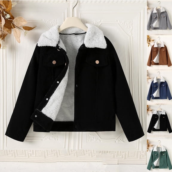 MexChoioe Boys and Girls Corduroy Jacket with Fleece Collar Long Sleeve Button Up Outerwear Fall Winter Warm Soft Casual Daily Winter Coat for Kids