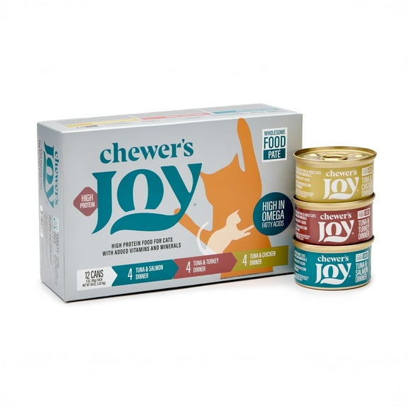 Chewer's Joy Variety Pack Paté Dinner for Cats (24 Cans, 85g) – Tuna & Salmon, Tuna & Turkey, Tuna & Chicken – Natural Wet Cat Food, High Protein, Complete & Balanced