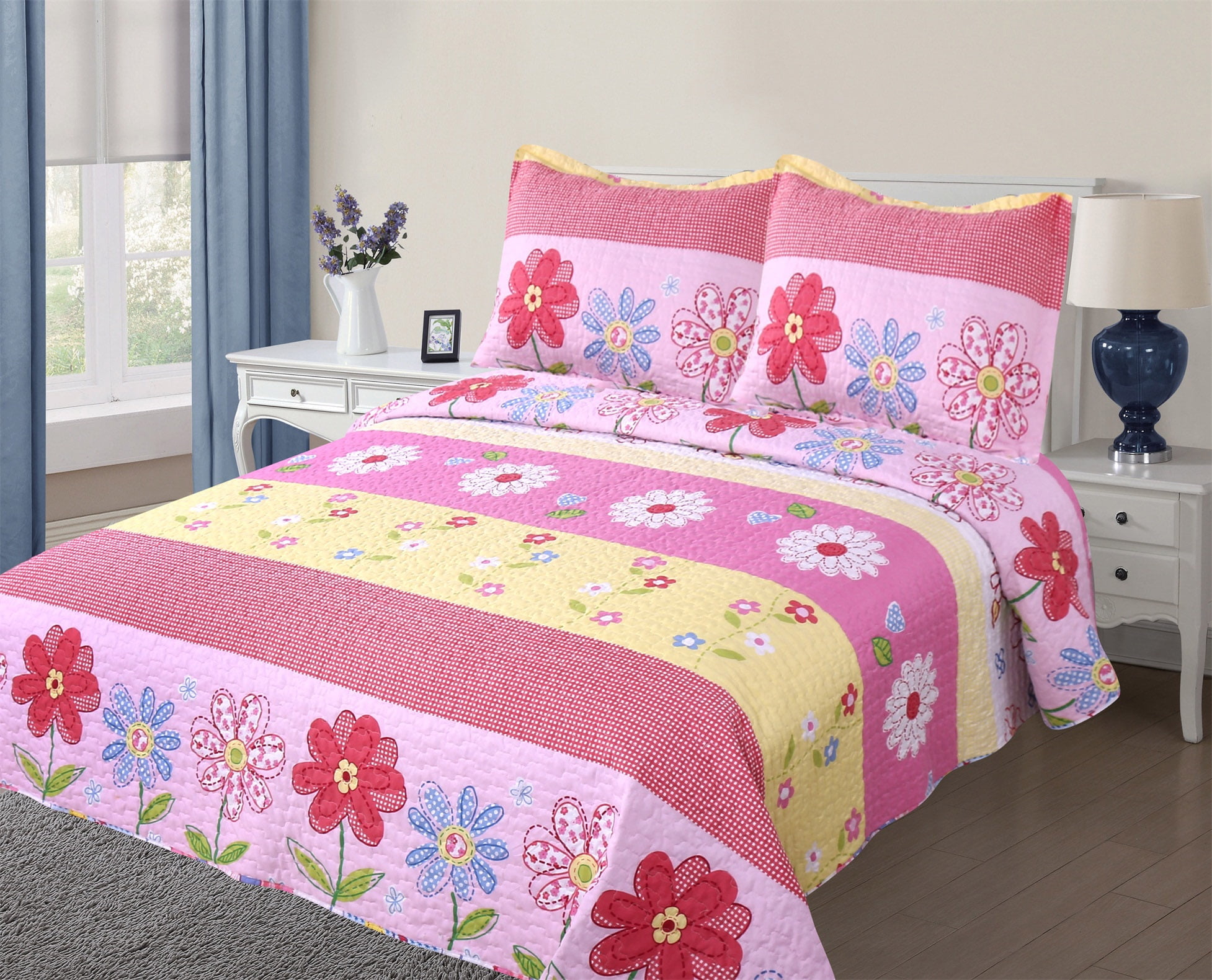Golden Linens Full Size 1 Quilt, 2 Shams Pink Light Pink Yellow Floral Kids Teens/Girls Quilt Bedspread 06-16 Girls
