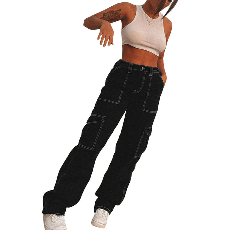 Womens Girls High Waisted Baggy Jeans Straight Wide Leg Denim Pants Y2K  Trousers Streetwear with Big Pockets 