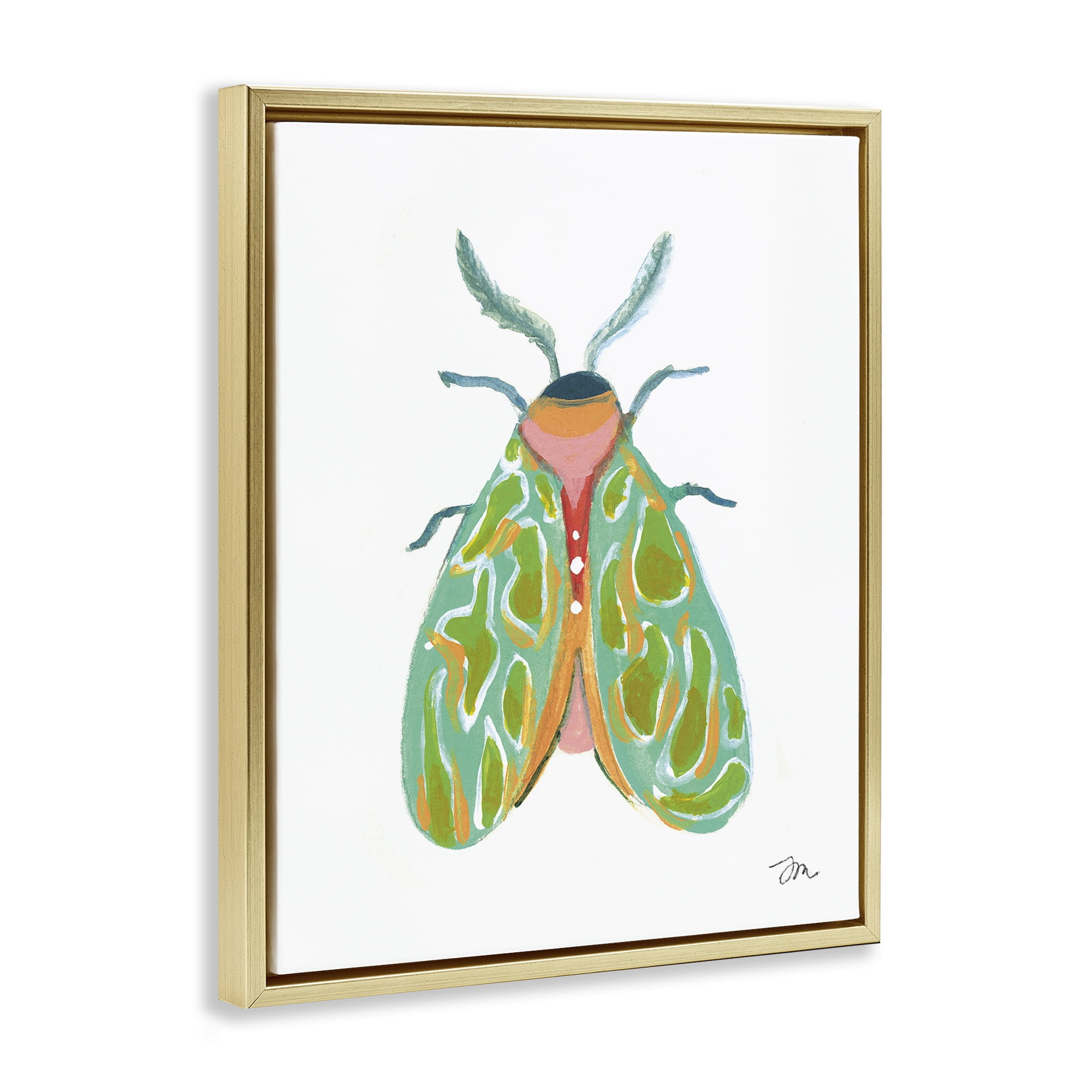 Stupell Industries Green Pattern Moth Insects Painting Gold Floater Framed Canvas Art Print Wall Art, 25 x 31