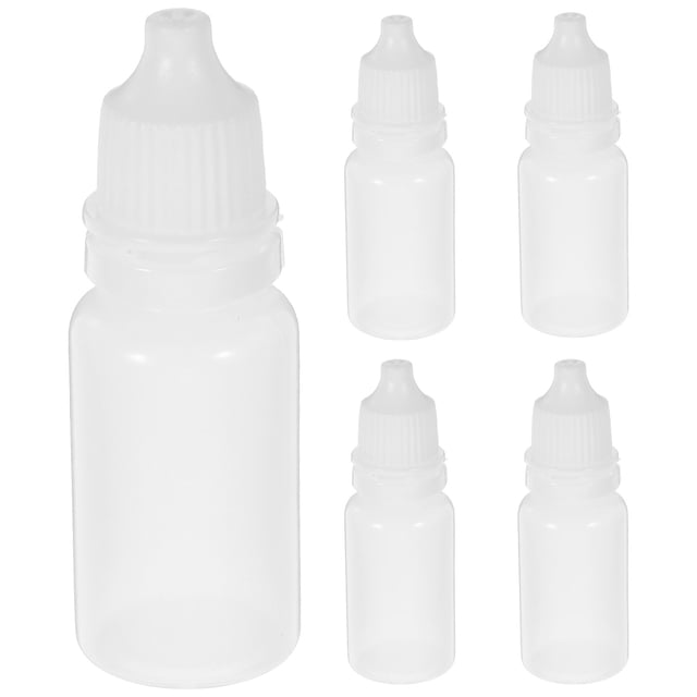 5 botellas vacías de plástico de 10 ml con gotero exprimible para líquidos oculares.