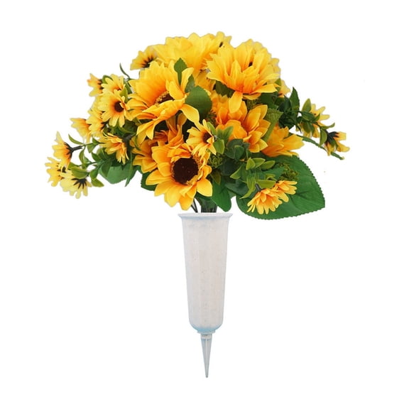 HOARBOEG Artificial Sunflower Bouquet for Cemetery Memorial - Realistic Silk Sunflower Grave Flowers with Bucket Style Vase, Outdoor Weatherproof Memorial Floral Arrangement for Gravesite Decoration