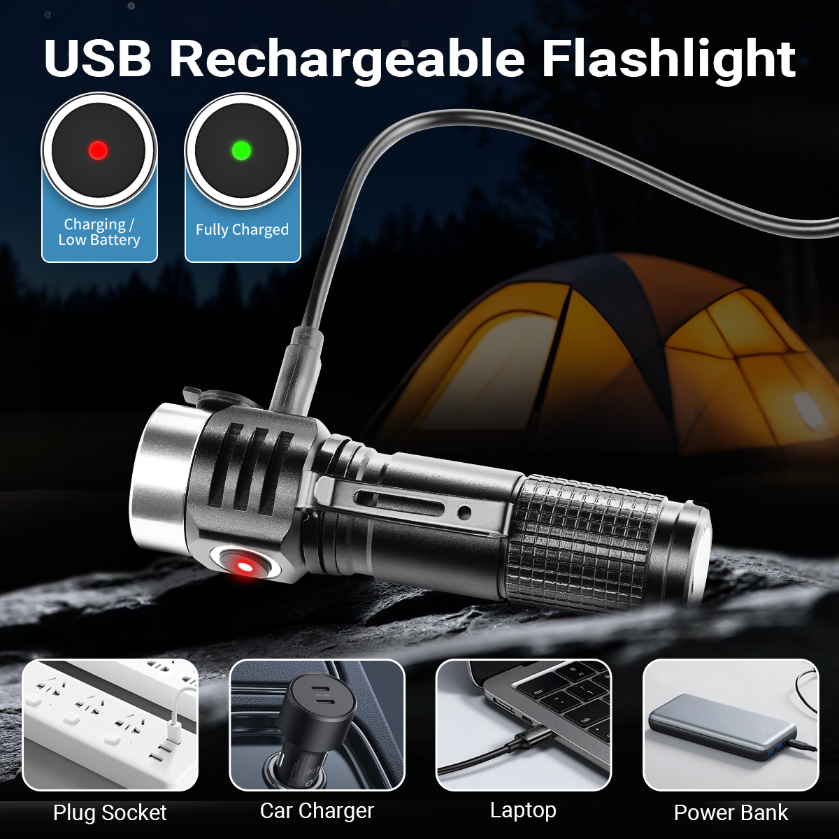 2pcs Super Bright USB Rechargeable LED Flashlight, 4Modes with Three Wicks and Magnetic Bases, EDC Pocket Working Light with Diffuser Cover and Portable Clips for Camping, Emergency,Hurricane Outage