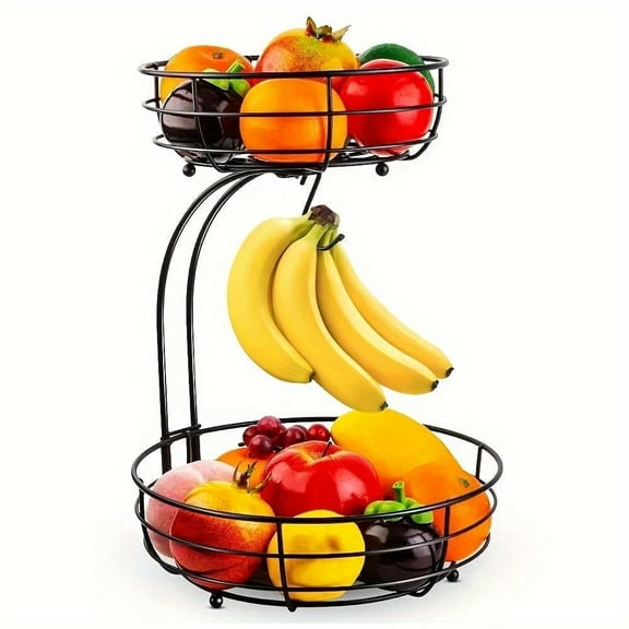 ZHOHO TANT 2-Tier Countertop Fruit Basket with Banana Hanger, Metal Wire Storage Organizer for Kitchen