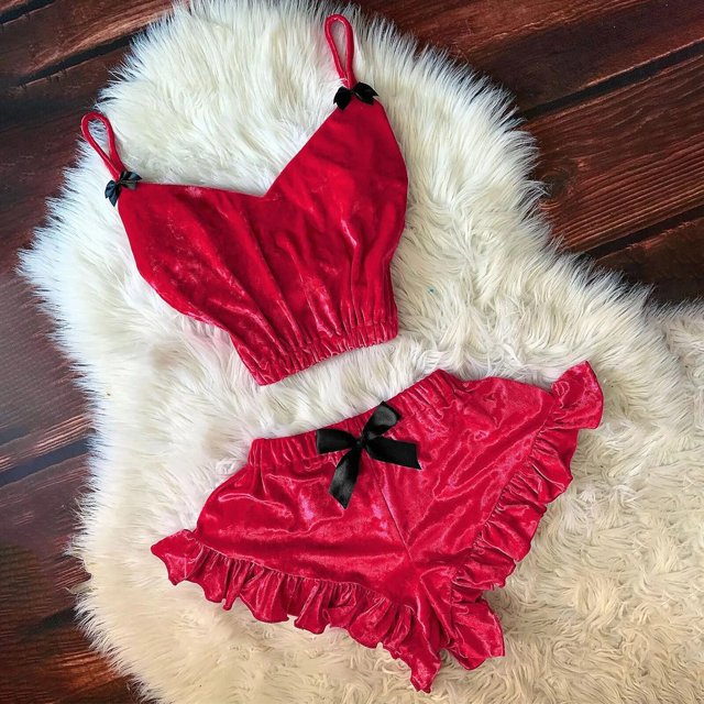 Pijama de terciopelo con cuello en V para mujer, camisola Sexy, conjunto de pantalones cortos con lazo, ropa interior para el hogar, Tops y pantalones cortos