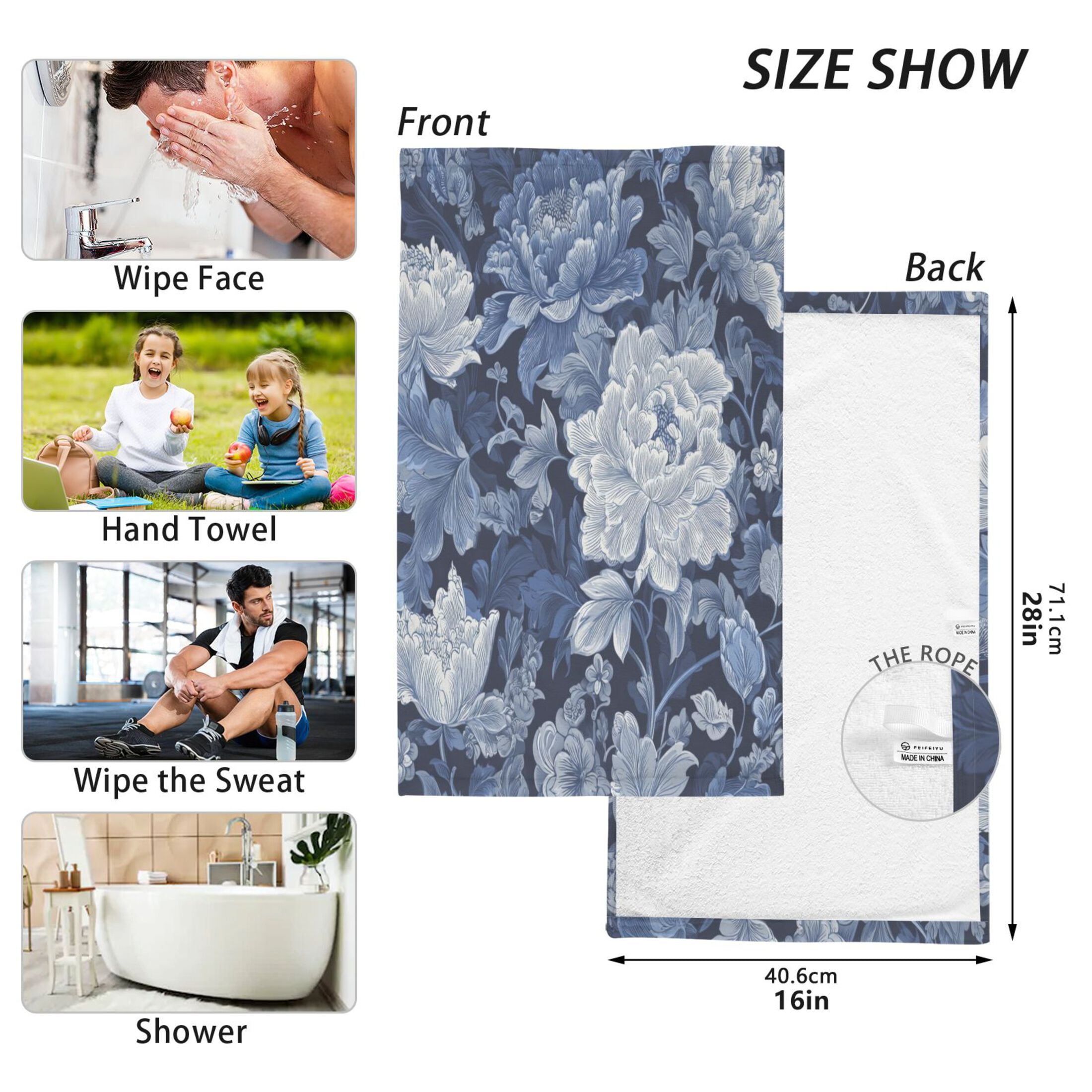2 Pieces of Cotton Towel Face Towel Set Hand Towel Bath Towel Cotton Bath Towel Sets Blue Flowers Beautiful