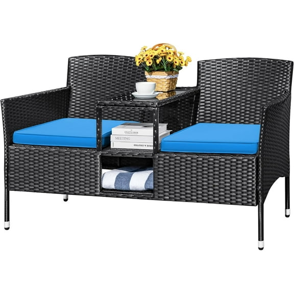 YEXJ Outdoor Patio Loveseat Modern Rattan 2-Seat Patio Conversation Set with Cushions & Built-in Coffee Table Porch Furniture for Garden Lawn Backyard-Blue