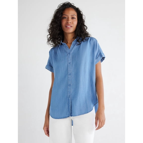 Women's Button Down Camp Shirt with Roll Cuff Sleeves, Size L Blue