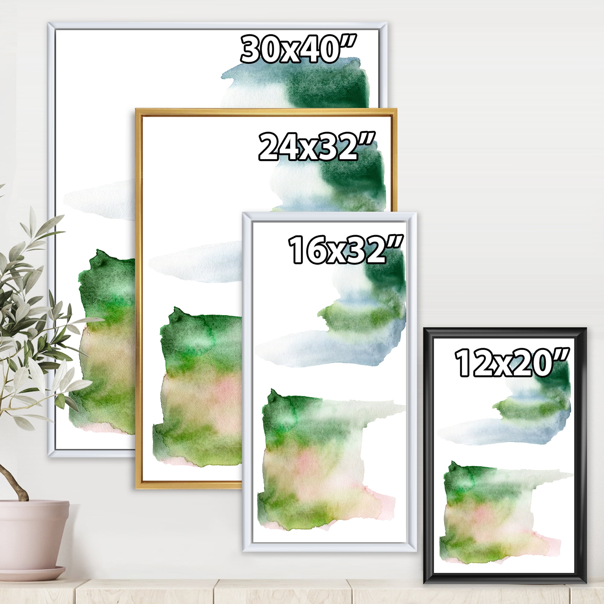 Blue Green and Pink Spots Clouds 16 in x 32 in Framed Painting Canvas Art Print, by Designart