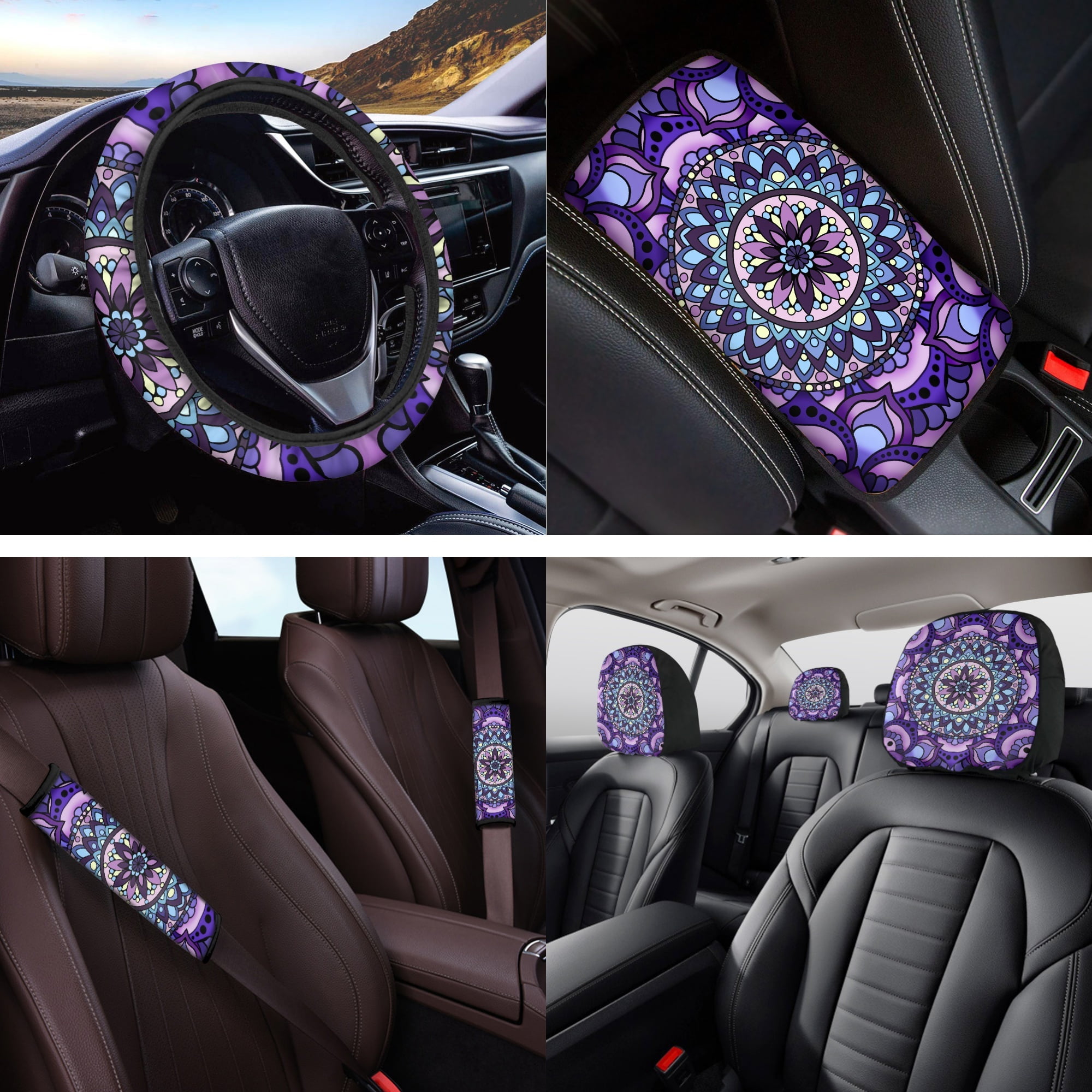 Jeiento Boho Mandala Flower Car Seat Cover Set of 14 Steering Wheel Cover Seat Belt Strap Pads Headrest Covers Coasters Auto Center Console Cover Purple Interior Automobile Accessories Sets