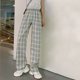 thumbnail image 2 of VISgogo Pantalones rectos de pierna ancha para mujer, pantalones largos casuales de cintura alta con estampado a cuadros y ajuste relajado VISgogo  moda, 2 of 8